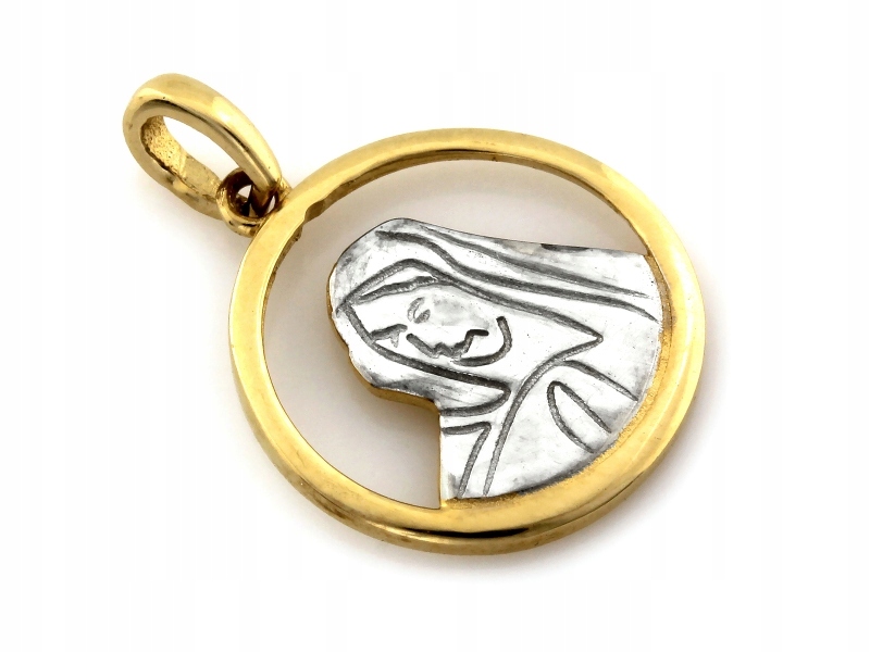 Medailon Panny Marie s bílým a žlutým zlatem 585 14k, váha 1.06 g pro dítě