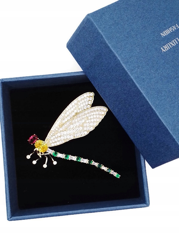 Luxusní Brož Zlatá 14K Gp Vážka Krystaly Krabička Jako Dárek