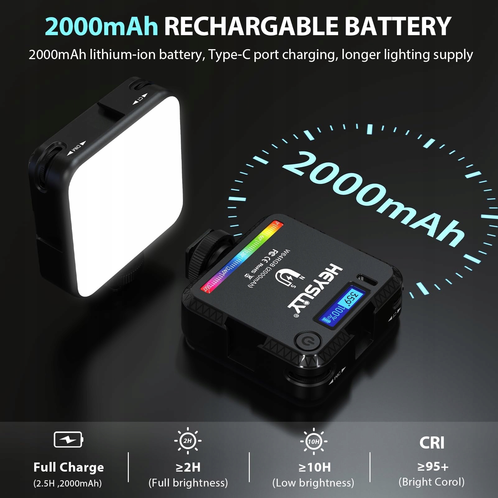 HEYSILY Lampa LED RGB Do Kamery 2500K-9000K Z Akumulatorem 2000mAh — miniatura 4