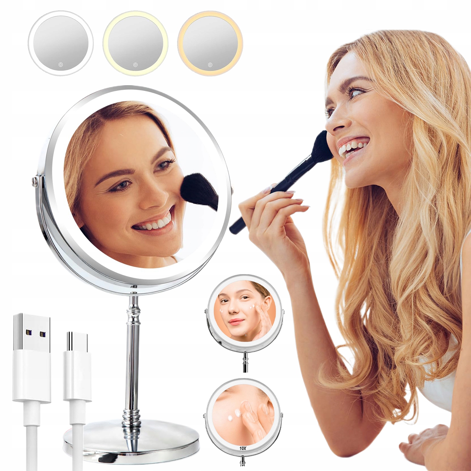 Led Podsvícené Kosmetické Zrcátko Pro Zvětšování Make-upu 1X/10X 3KS