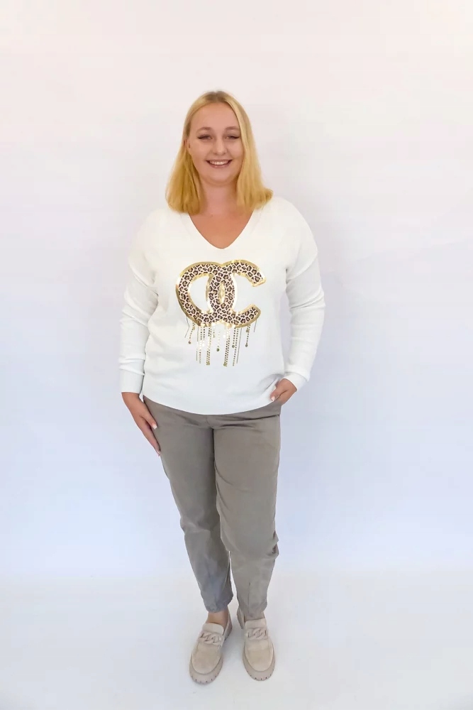 Krémový svetr s nápisem a panterkou Livan's Uni