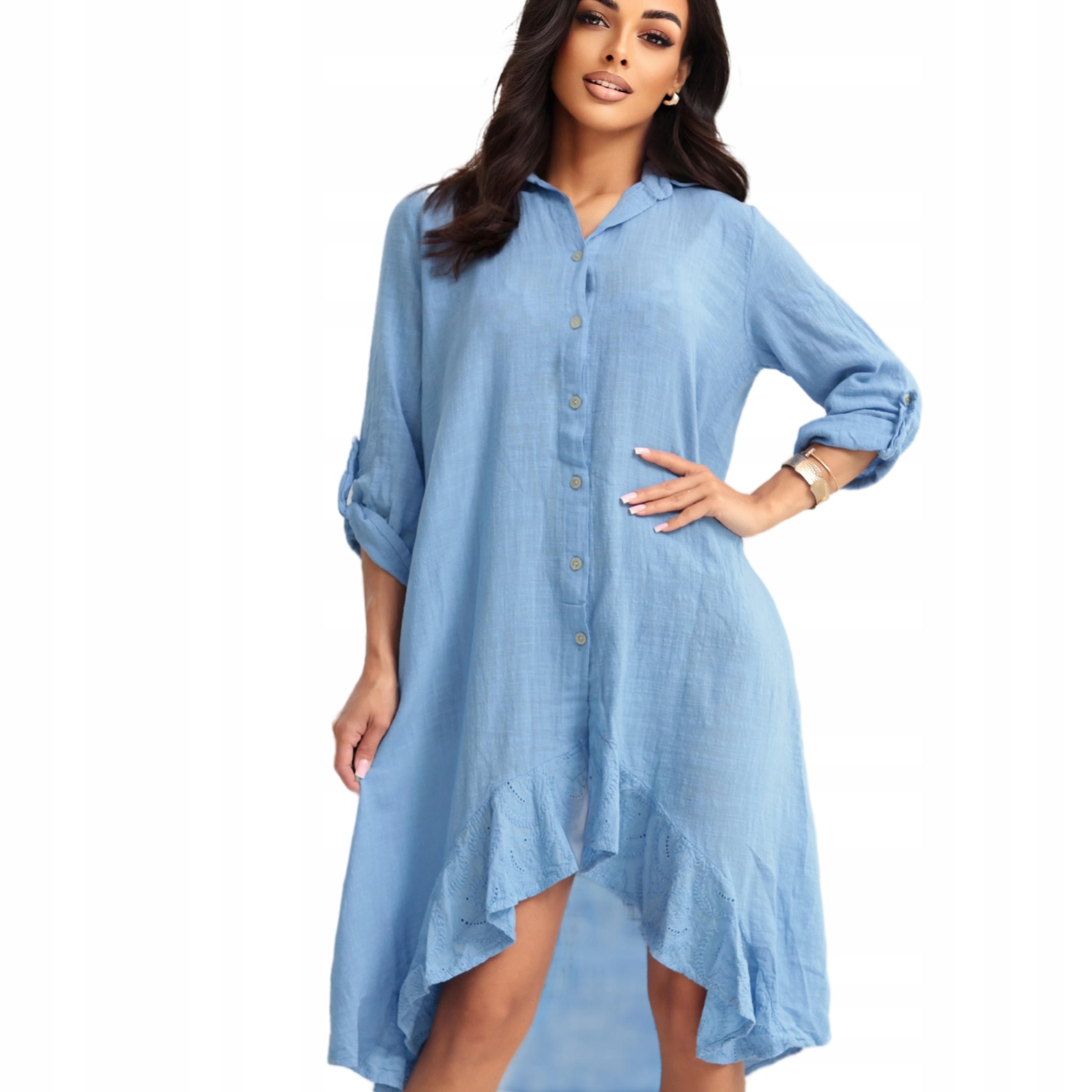 Šaty letní volná midi bavlněná košilová s volánem modrá L