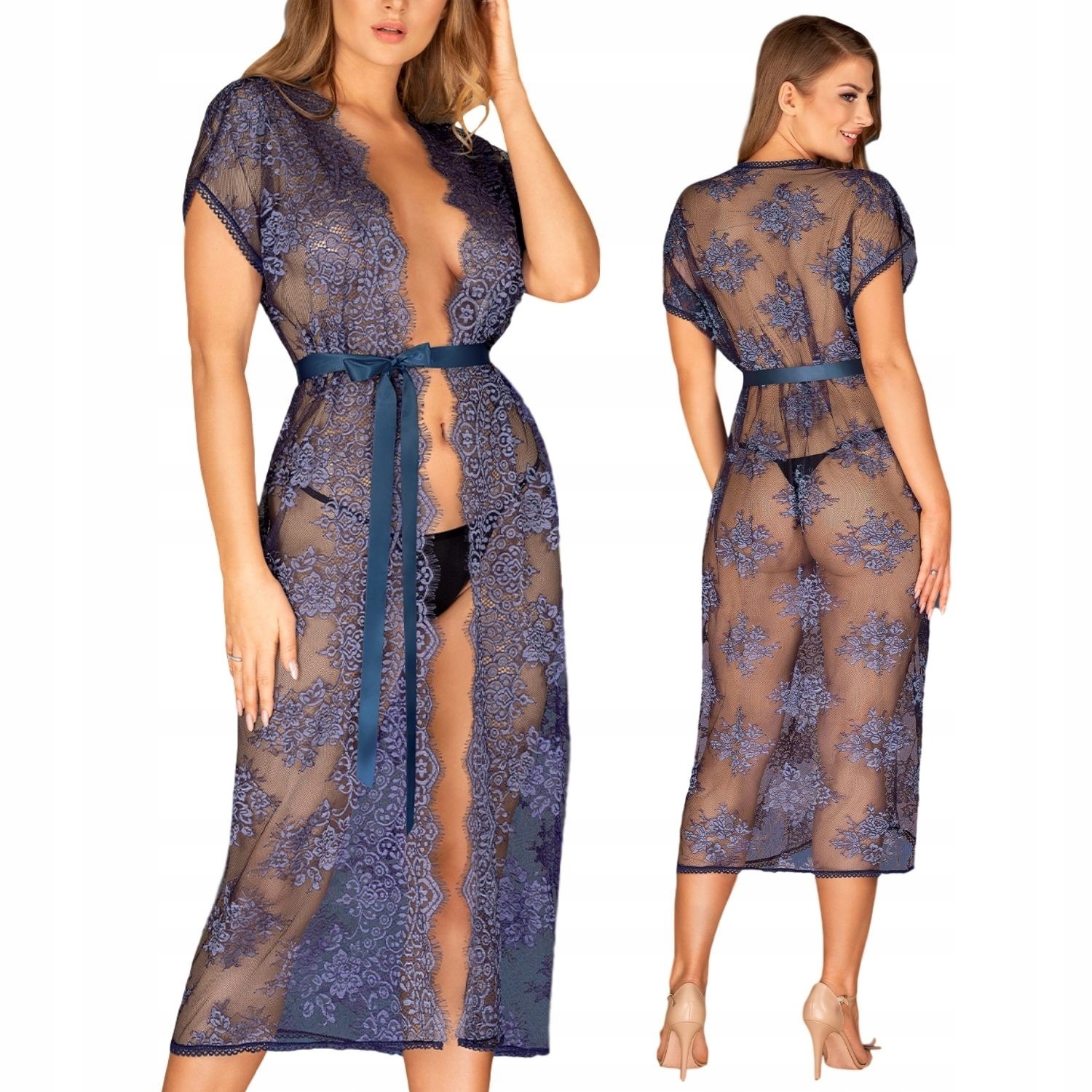 Dlouhý modrý peniuar s ozdobným vyšíváním velikost S/m – Flowlace