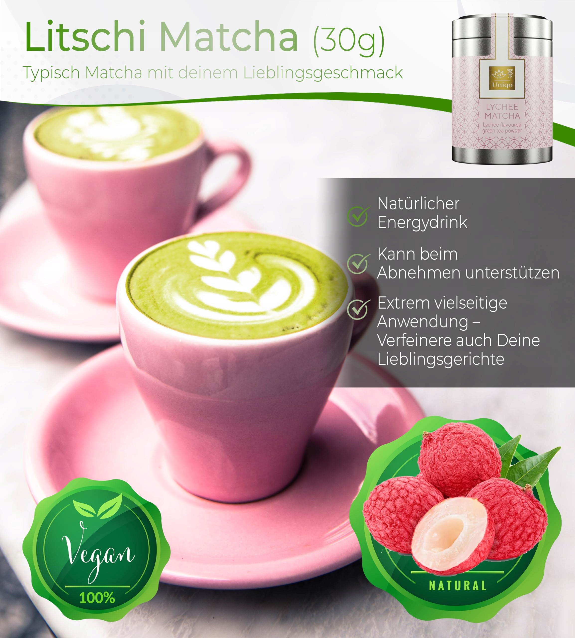 TEA UNIQO Litchi Matcha Proszek Do Bubble Tea Bez Sztucznych Barwników — miniatura 2