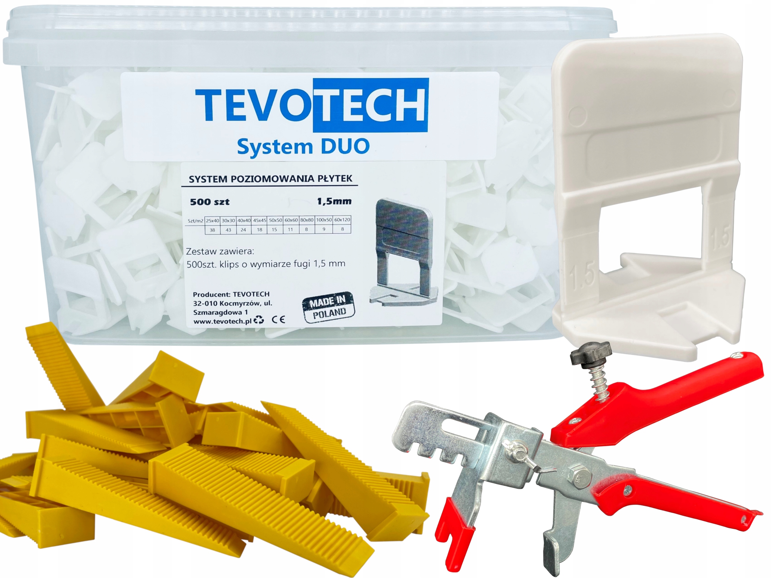ZESTAW SYSTEM POZIOMOWANIA PŁYTEK DUO 500 KLIPSÓW 1,5mm 100 KLINÓW SZCZYPCE