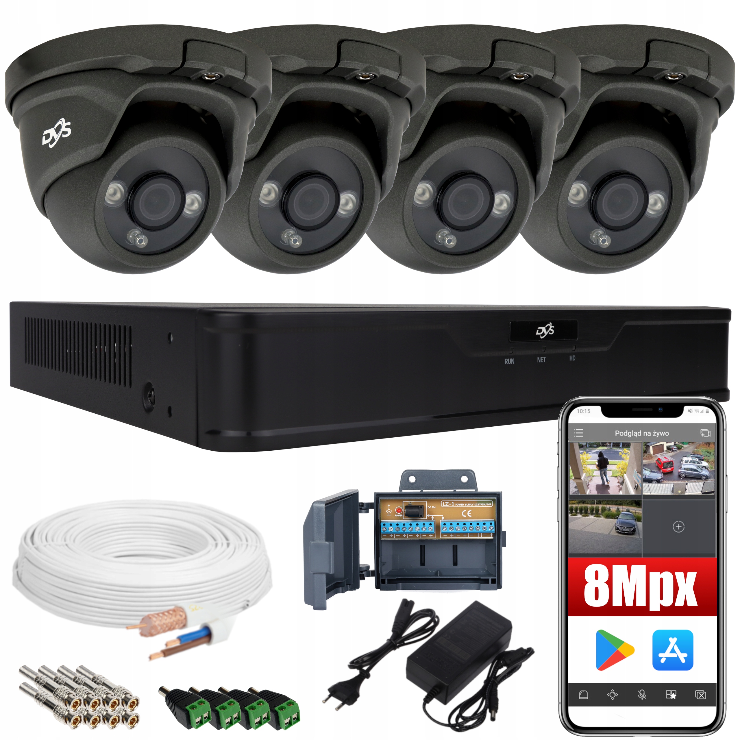 MONITORING 4 KAMERY ZEWNETRZNE KOPUŁOWE 8MPX UHD