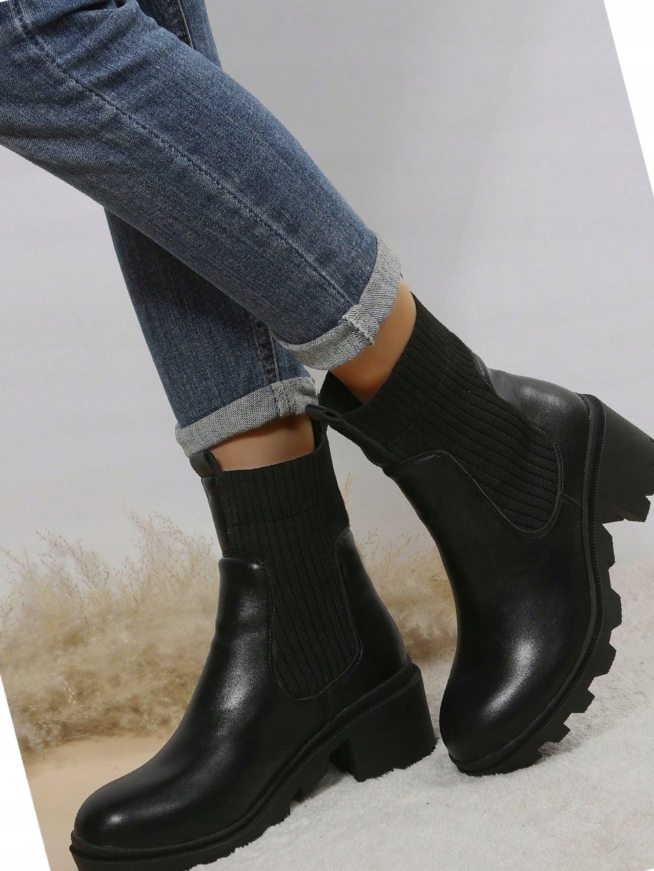 Ponožkové kozačky na vysokém podpatku, černé, Eur kožené nazouvací 41