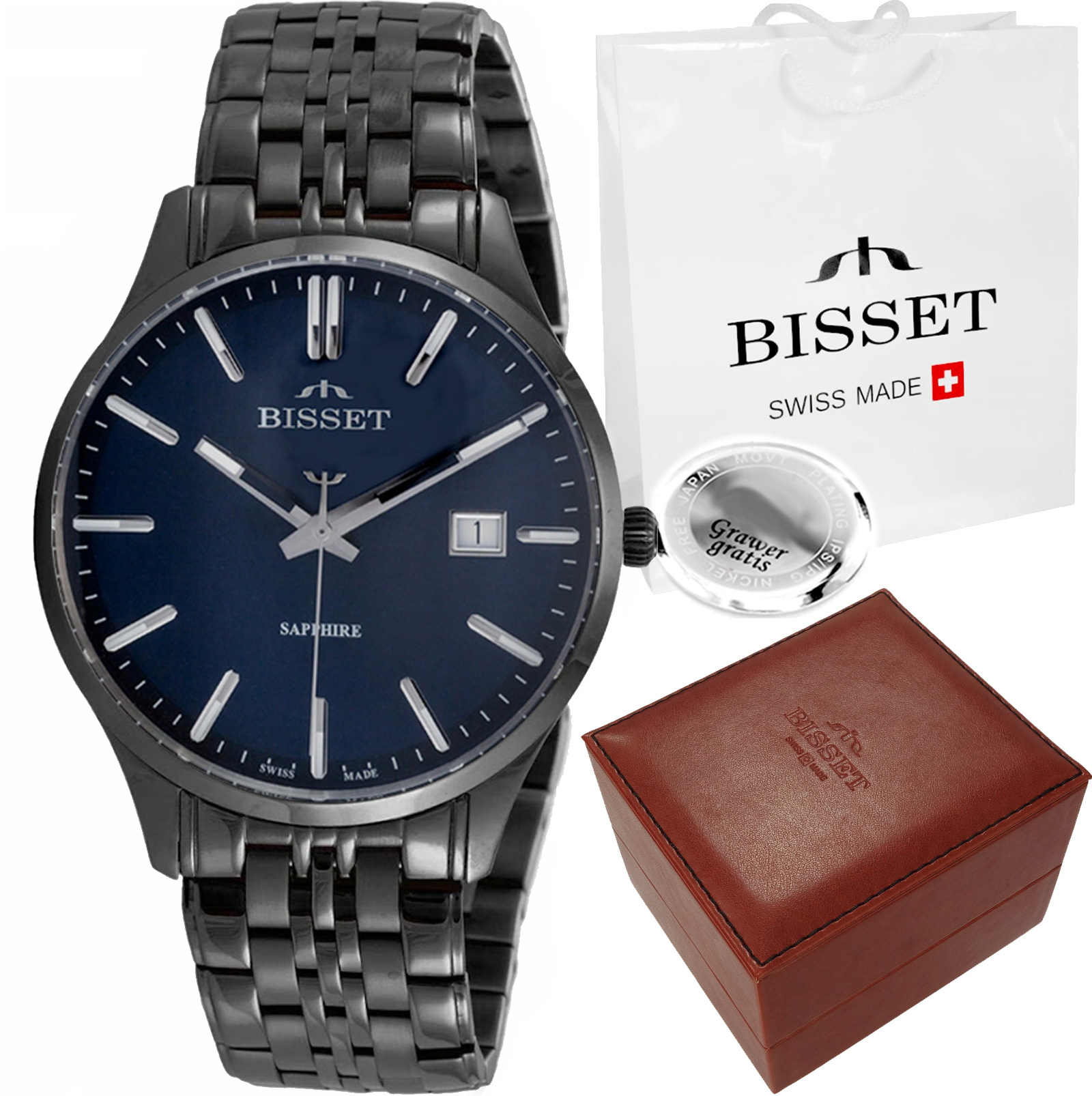 Švýcarské pánské hodinky Bisset Safírové sklo s datumovkou Gravírování