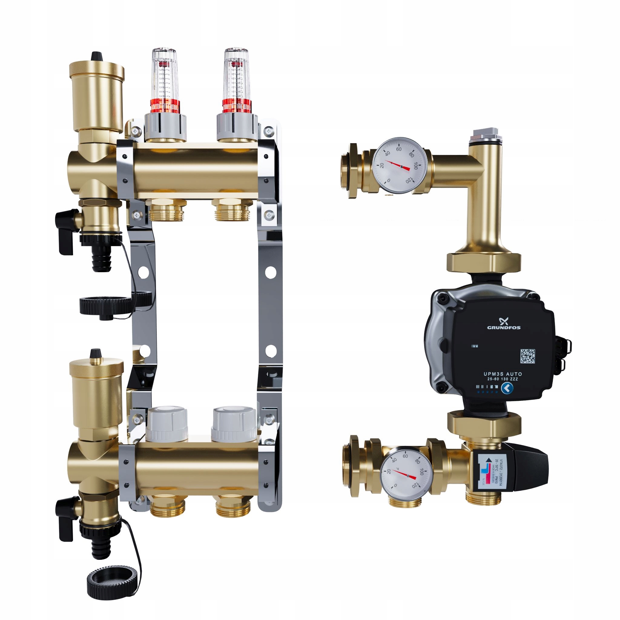 Rozdělovač pro podlahu 2 mosazné sekce pro vytápění Pompa Grundfos