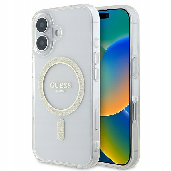 Etui Guess IML Glitter Circle MagSafe na iPhone 16 przezroczyste Guess