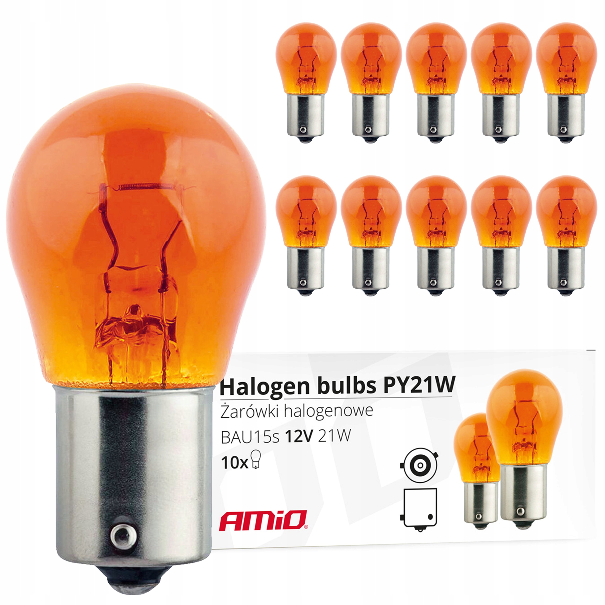 Żarówki halogenowe PY21W BAU15s 12V 21W Amber 10szt. (E8) Amio 01158