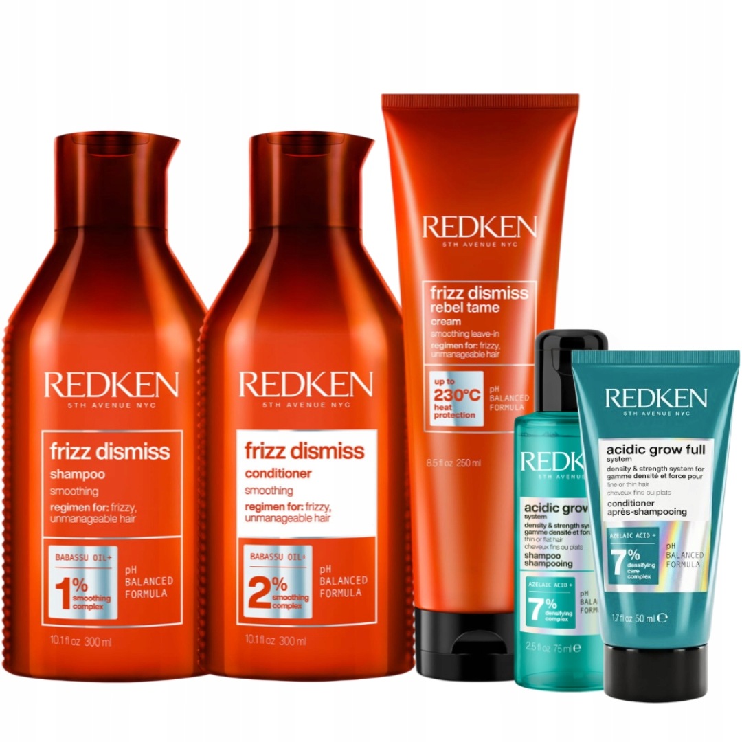 Redken Frizz Dismiss szampon, odżywka, termoochrona do włosów puszących się