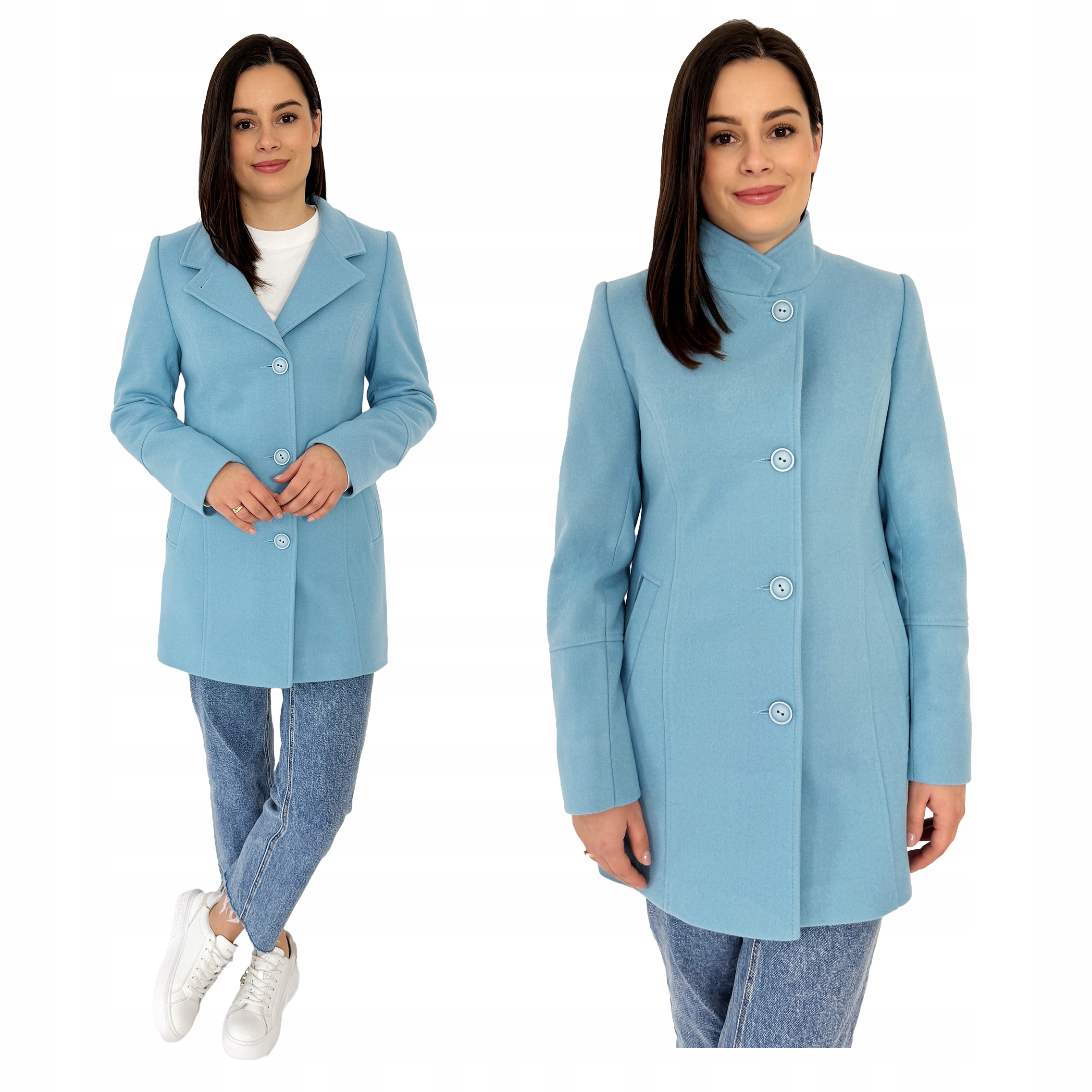 Jarní kratší dámský kabát s podšívkou a zapínáním na stojáček Modrý 44