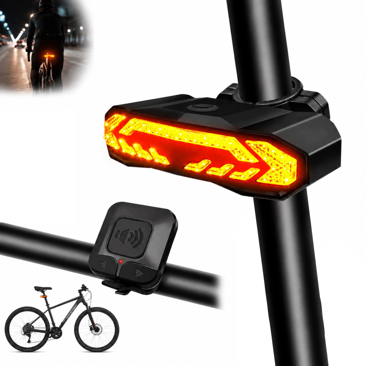 5W1 Lampka Led Tylna Rowerowa Z Kierunkowskazami, Alarmem I Pilotem