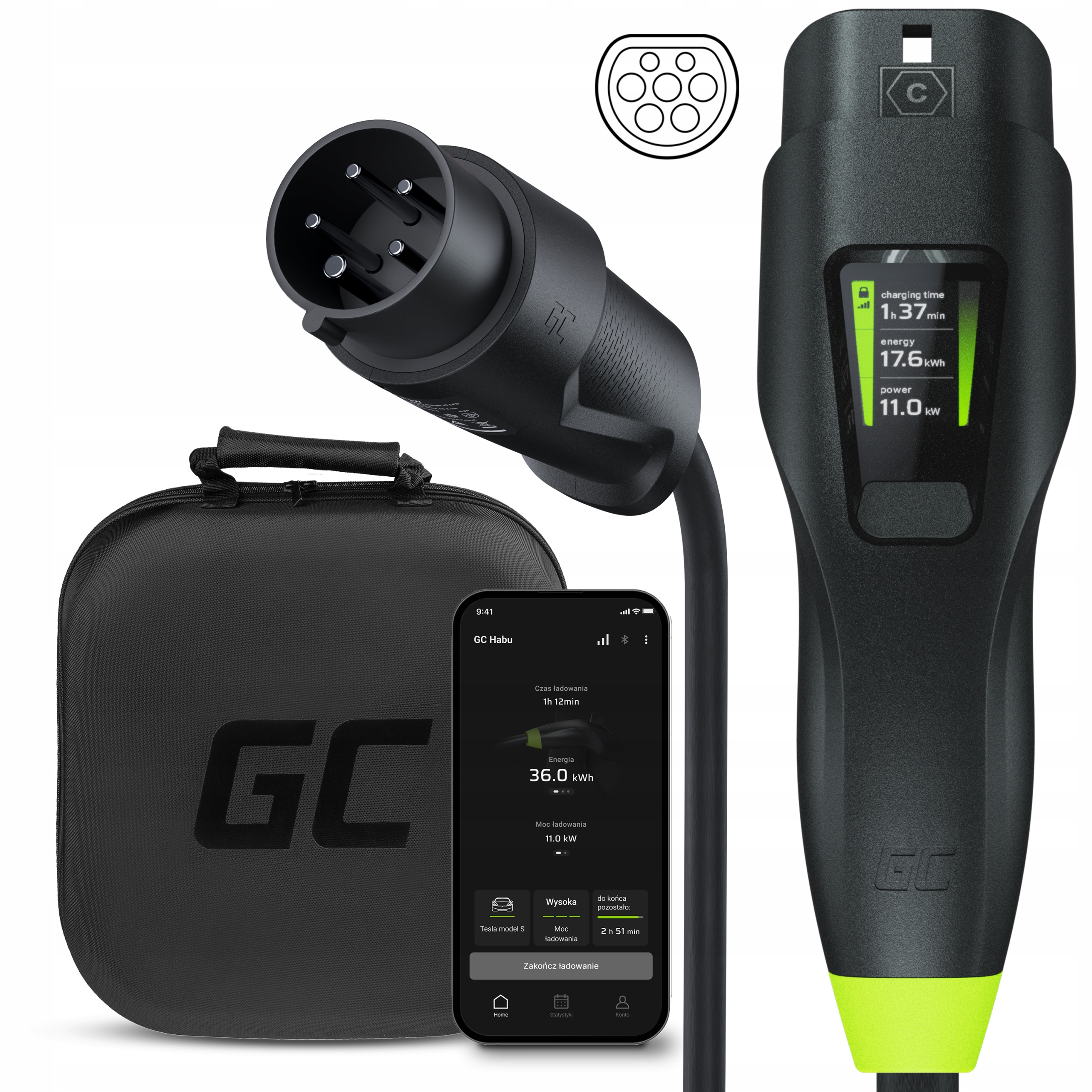 Greencell Gc Habu Mobilná nabíjačka Ev 11 kW 7 m Typ 2 Cee 16A Wallbox 2v1