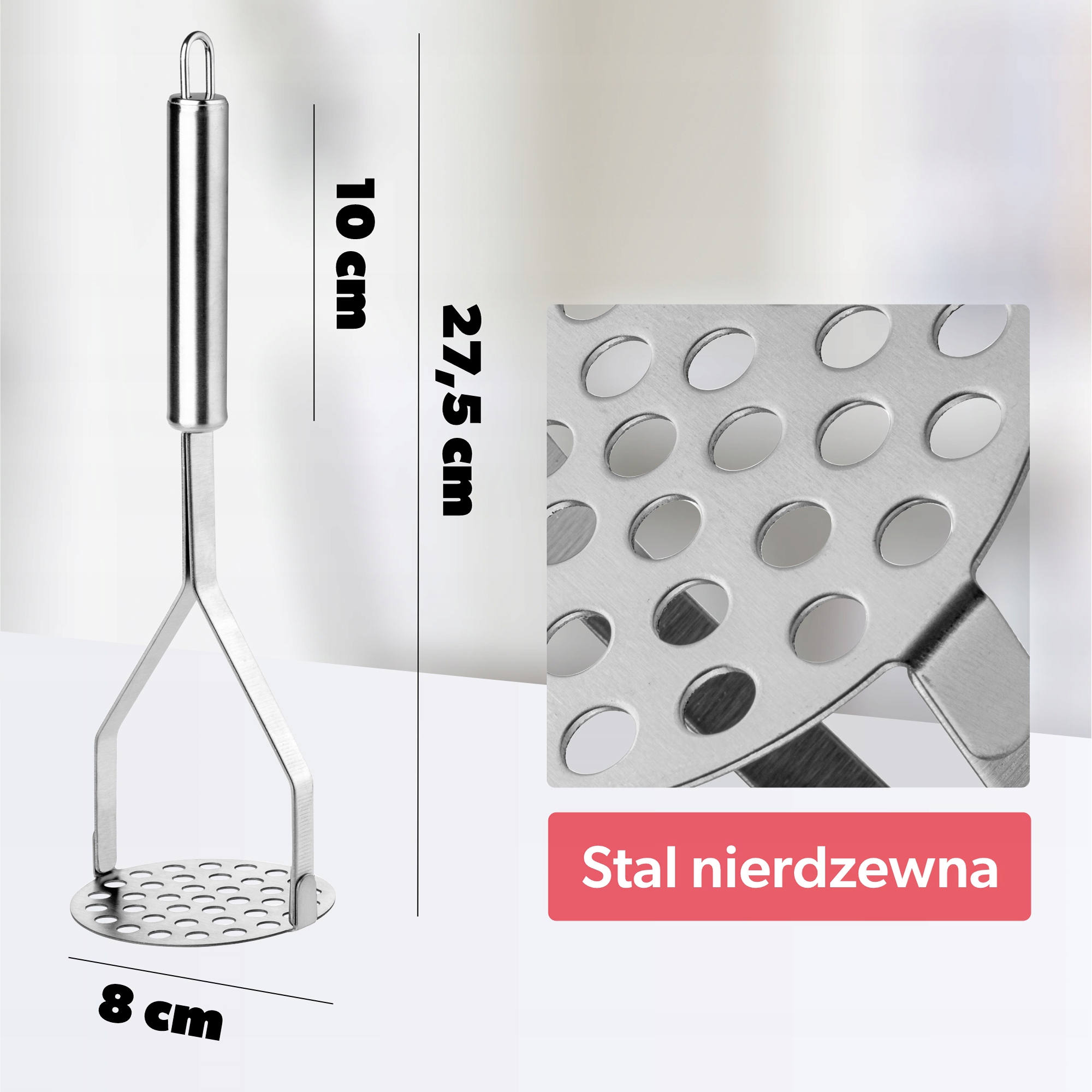 TŁUCZEK DO ZIEMNIAKÓW UBIJAK PRASKA STALOWY UGNIATACZ PUREE STALOWY Materiał części roboczej stal nierdzewna