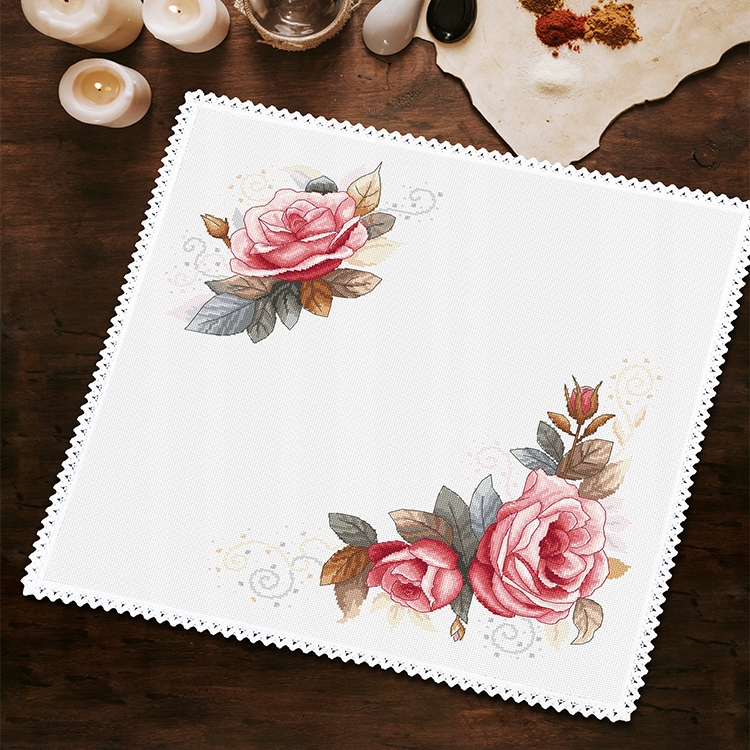 Křížková výšivka Vyšívací sada Vintage růžový ubrousek