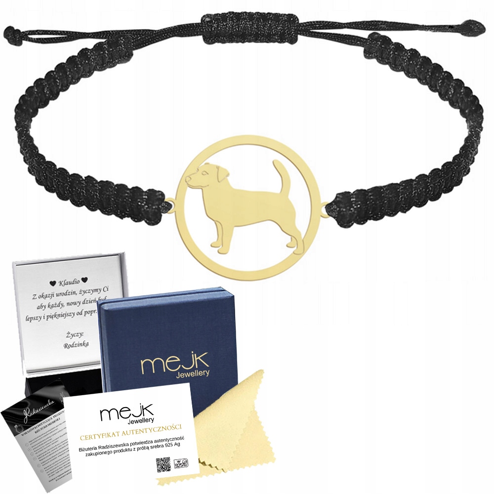 Zlatý náramek s Jack Russell teriérem Krátkosrstý 925 Makramé Gravírování