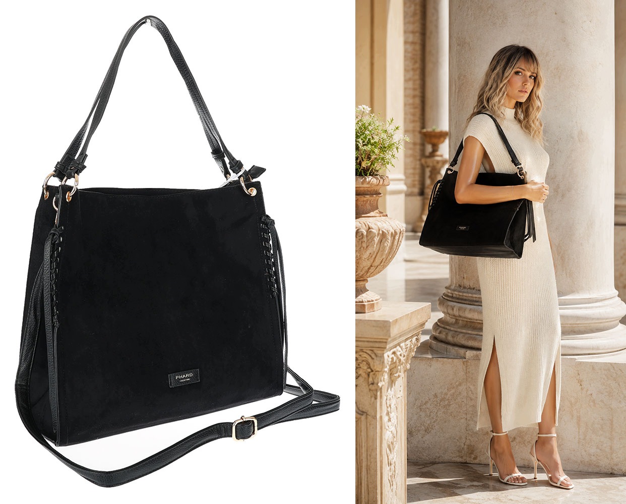 Dámská shopper semišová kabelka prostorná přes rameno s střapci lehká PJ02 Černá