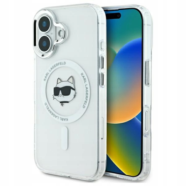 Pouzdro Karl Lagerfeld iPhone 16 Plus 6.7" bílé Metal Choupette Head MagSafe