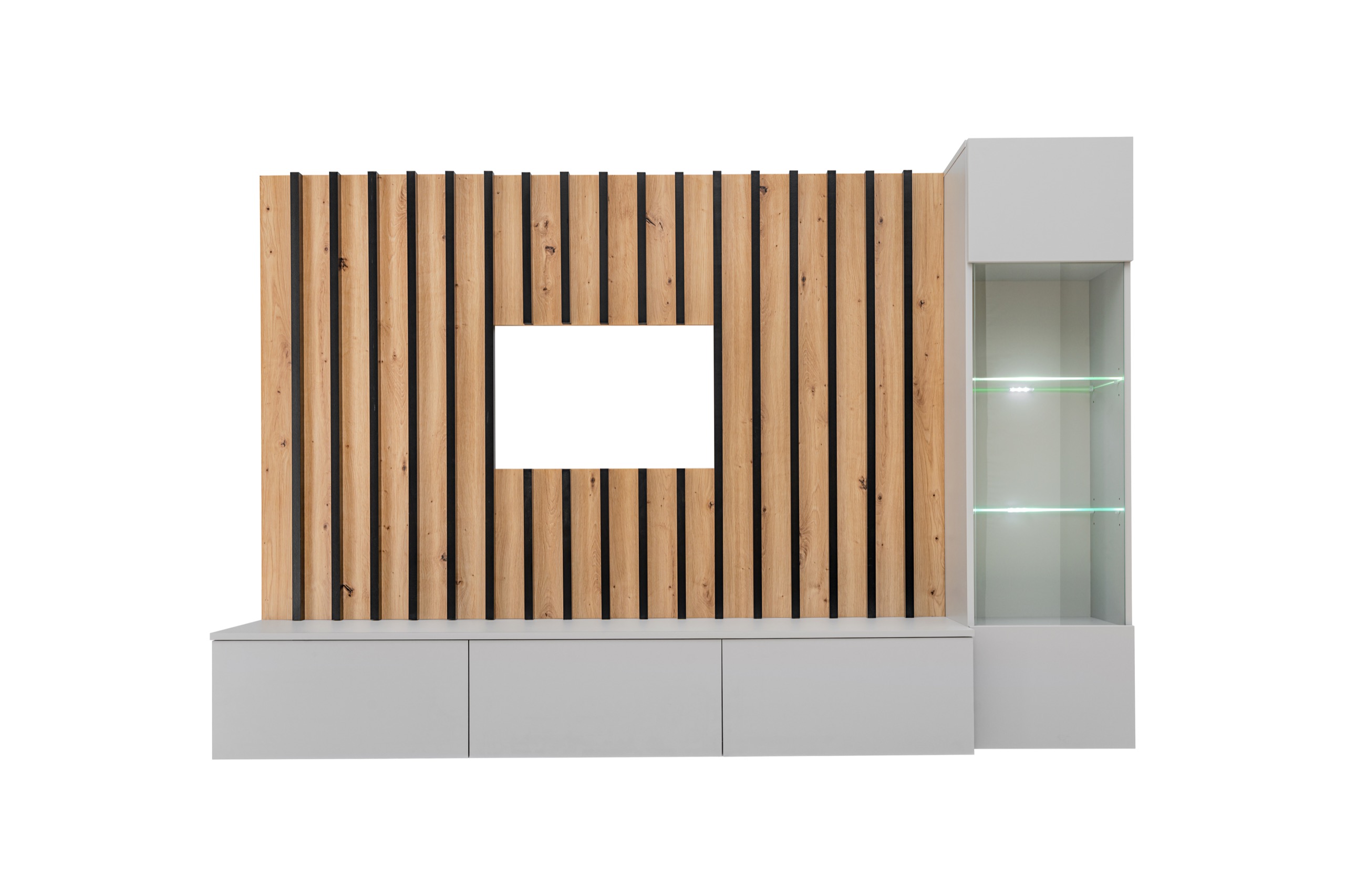 Nowoczesna meblościanka Verti z lamelami czarny, dąb artisan + LED Marka ASM