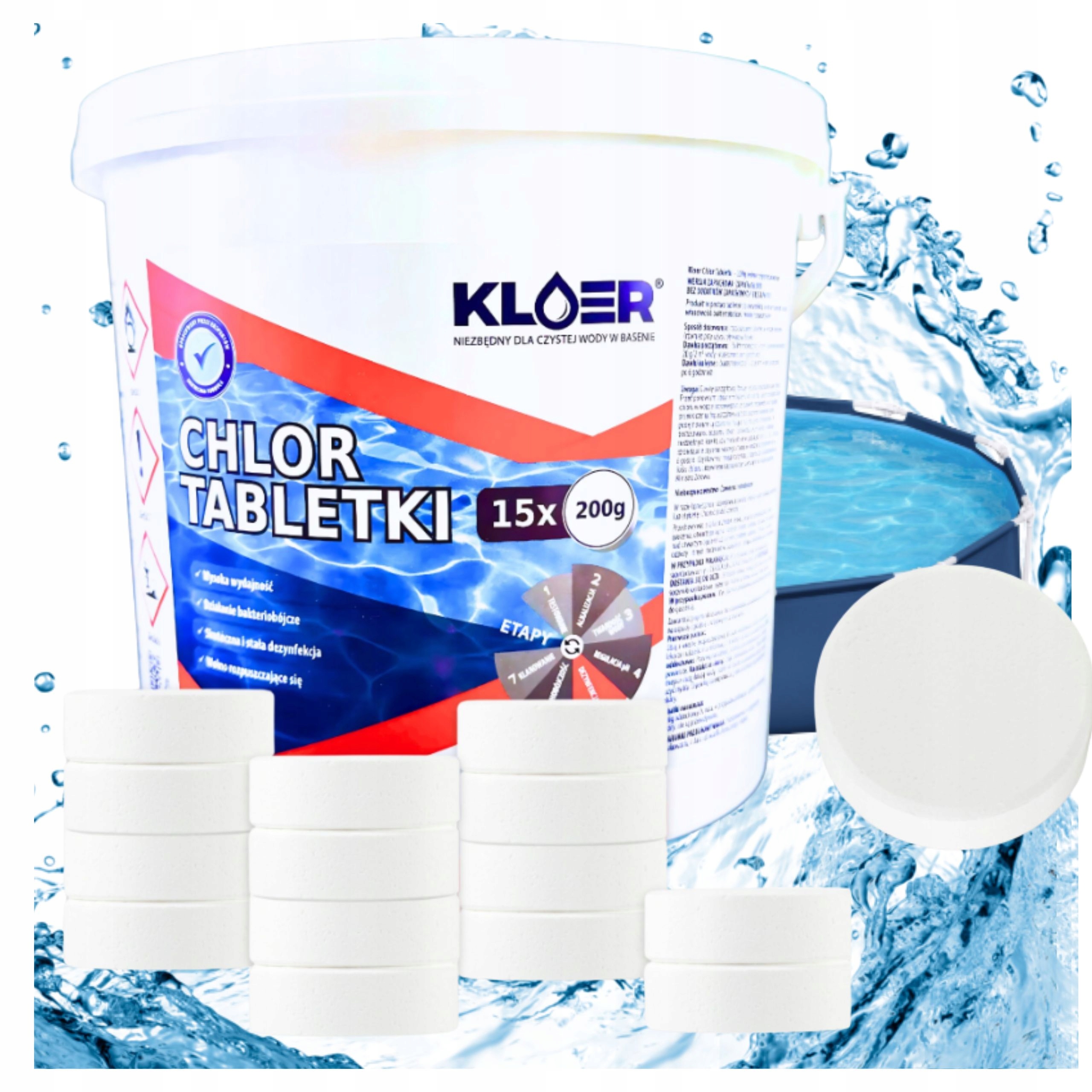 Chlor do Basenu Spa Jacuzzi 3Kg Mocne Duże Tabletki Chlorowe 15x 200g Kloer