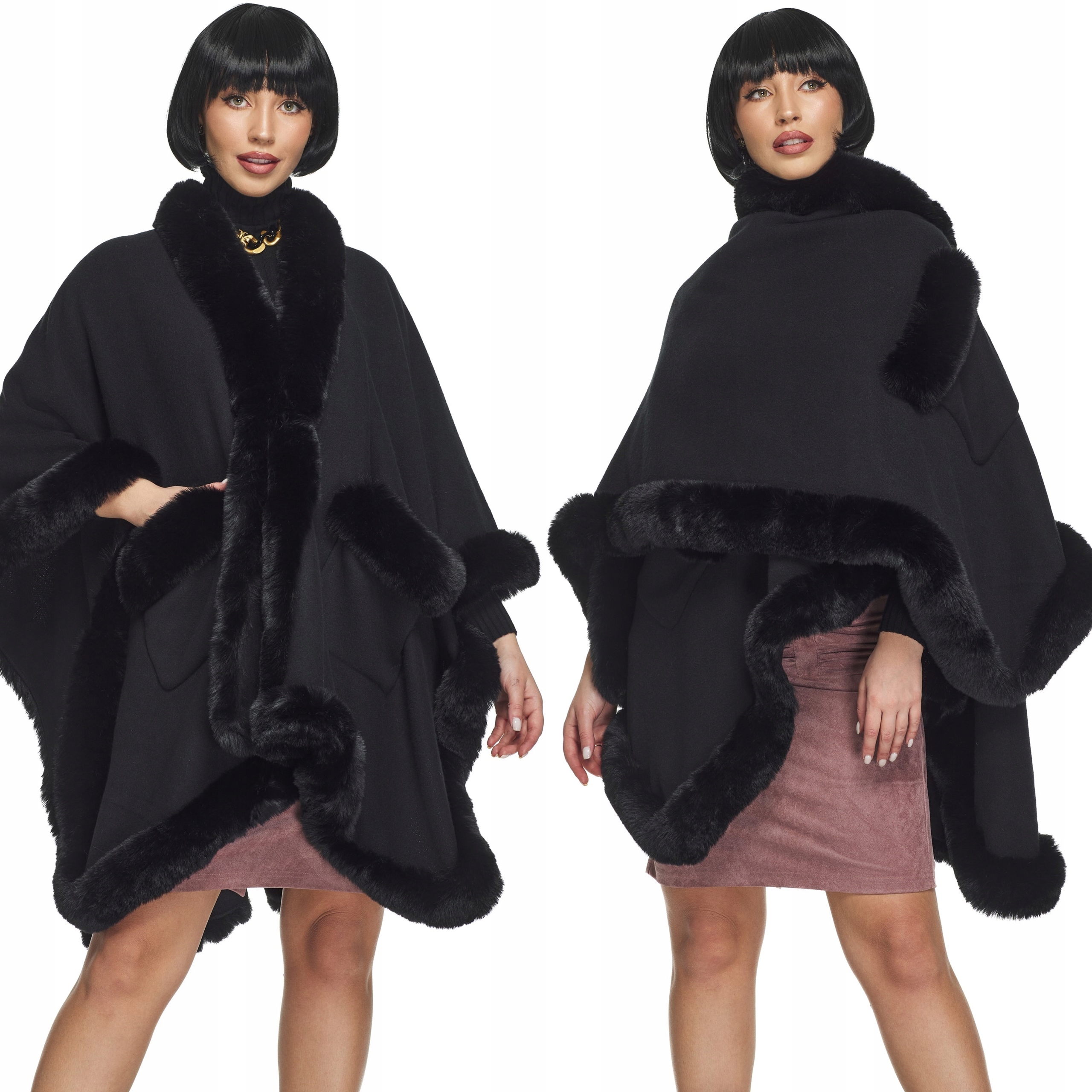 Černé Poncho s kapsami z pleteniny s kožešina , kožíškem kožíšek