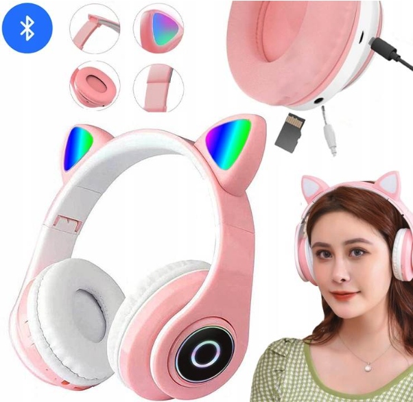 SŁUCHAWKI BEZPRZEWODOWE BLUETOOTH DLA DZIECI KOCIE USZY ŚWIECĄCE PREZENT