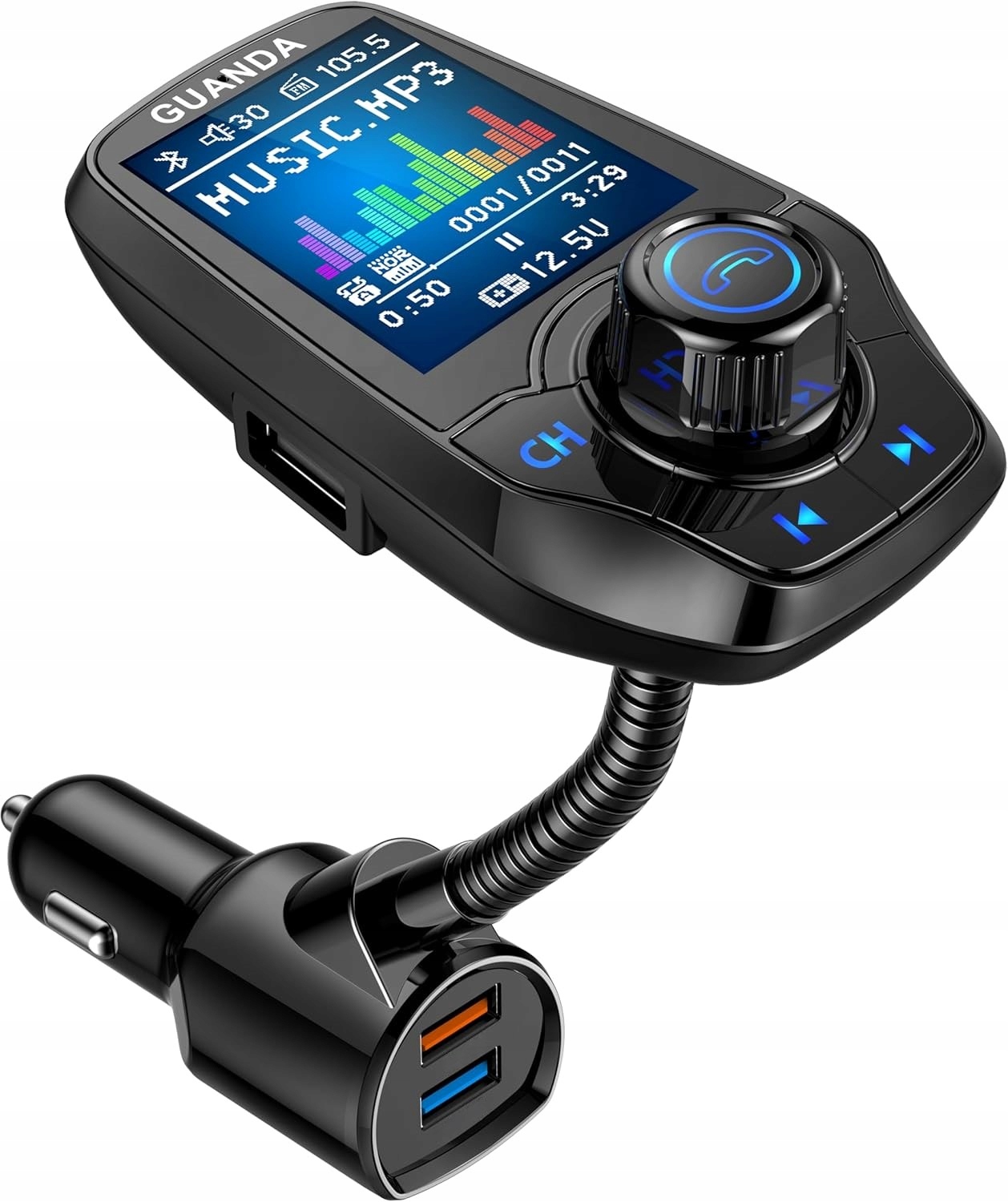 Bluetooth Fm vysílač 4v1 QC3.0 2xUSB Aux Tf MP3 LCD 1,8"