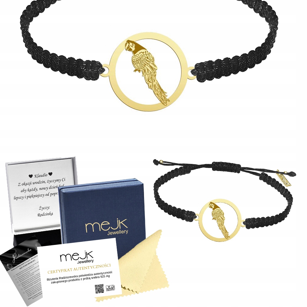 Zlatý náramek s papouškem Arou 925 Makramé Dárek Šperky Gravírování Bonus