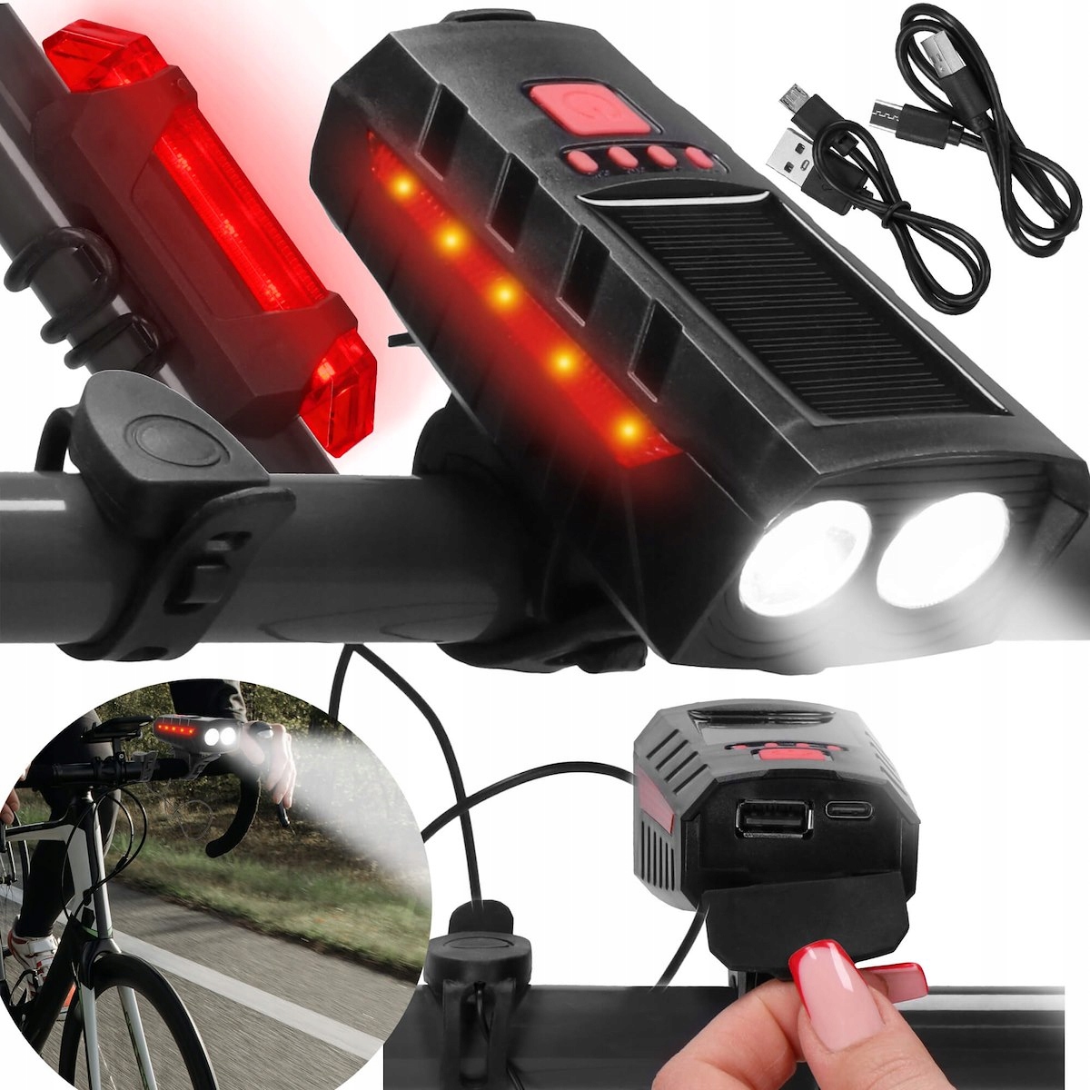 LAMPKA ROWEROWA LED PRZÓD NA USB MOCNA TYŁ ZESTAW SOLARNA ŚWIATŁO powerbank