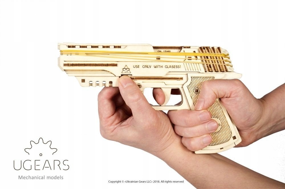 PISTOLET WOLF-01 STRZELAJĄCY GUMKAMI BIUROWYMI DREWNIANY MODEL PUZZLE 3D Liczba elementów 62
