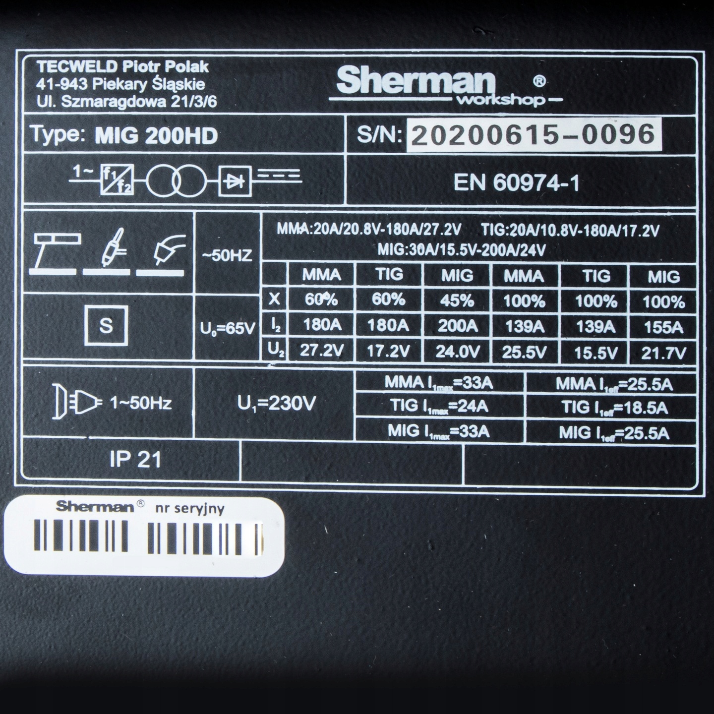 SPAWARKA MIGOMAT SHERMAN MIG 200HD MMA TIG ALUMINIUM SYNERGIA 200A 230V 3W1 Rodzaj spawarka inwertorowa