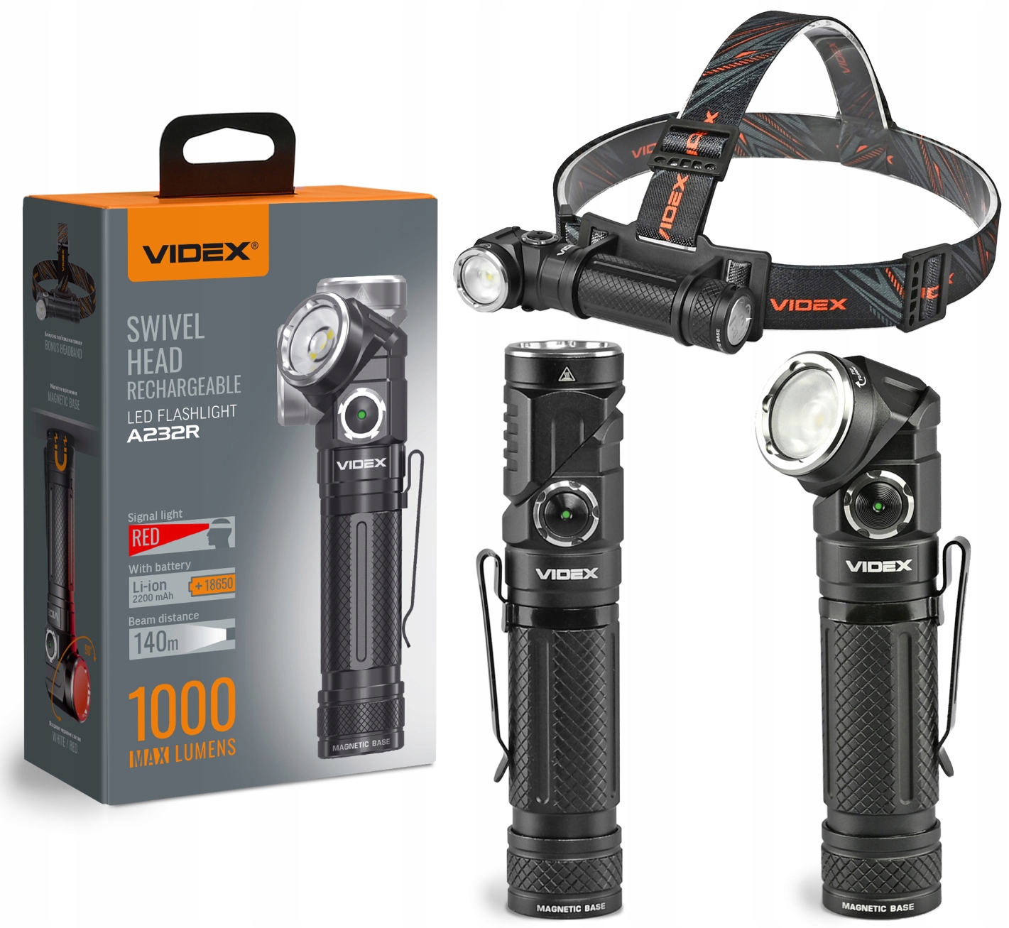 Latarka czołowa ręczna 2w1 wojskowa mocna wodoodporna Videx 1000 lm Led