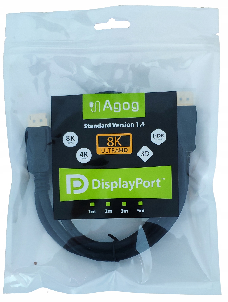 AGOG KABEL PRZEWÓD DisplayPort DP 1.4 8K 4K 120Hz DSC HDR 3D POZŁACANE 5m Model DPX01
