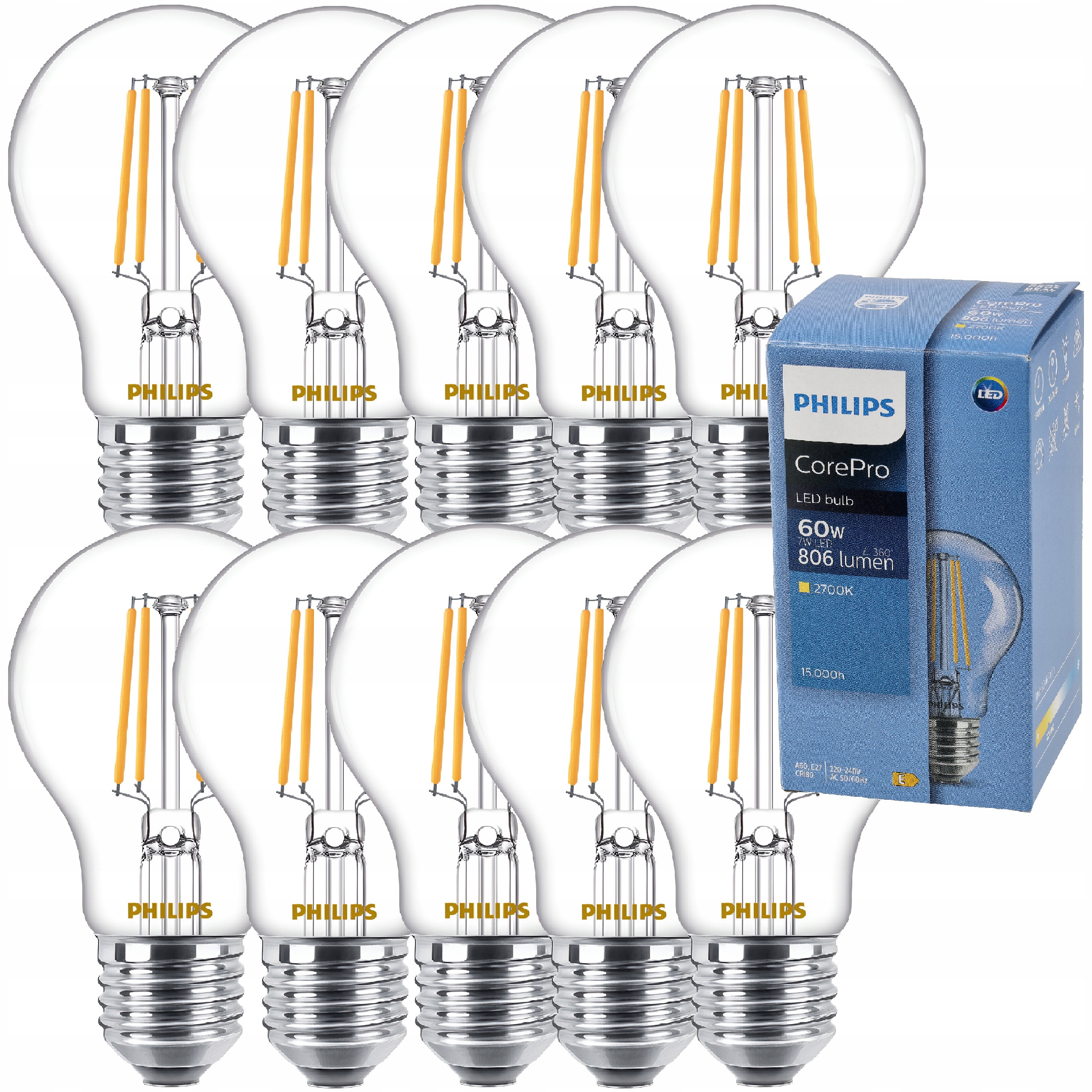 Philips Led žárovka E27 7W 60W 806lm 115lm/W 2700K Dekorativní žárovka 10x