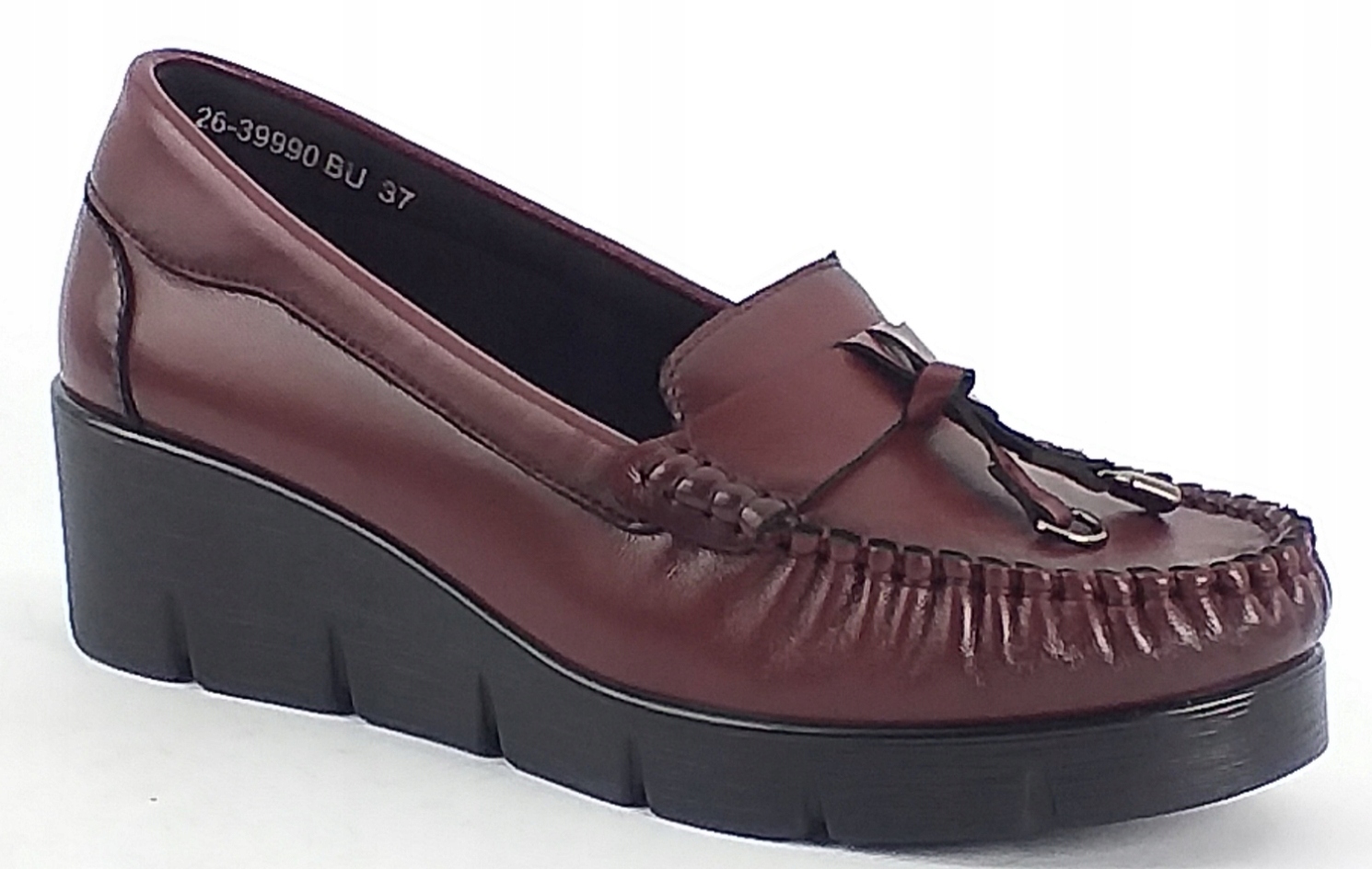 Vinceza 26-39990 Bu Mokasyny Skórzane Na Koturnie Bordowe Półbuty 39