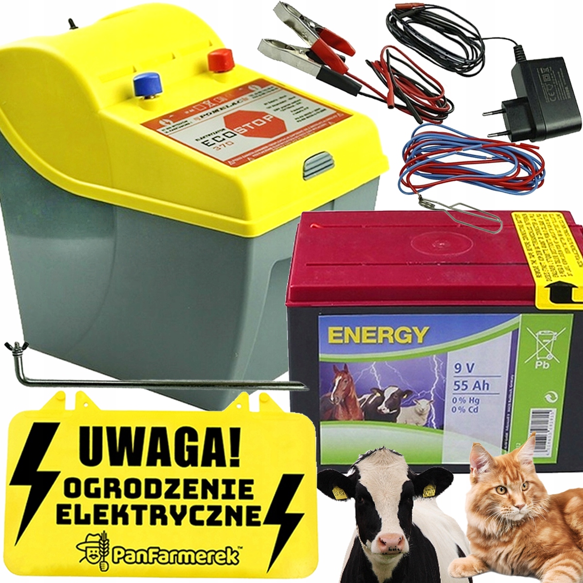 UNIWERSALNY ELEKTRYZATOR 0,4J pastuch na psy konie +BATERIA +ZASILACZ