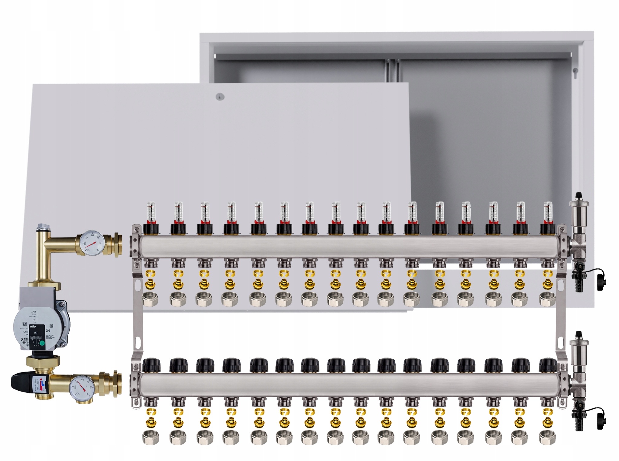 Rozdělovač pro podlahovku nerezový 16 s boxem Čerpadlo Wilo Spojky