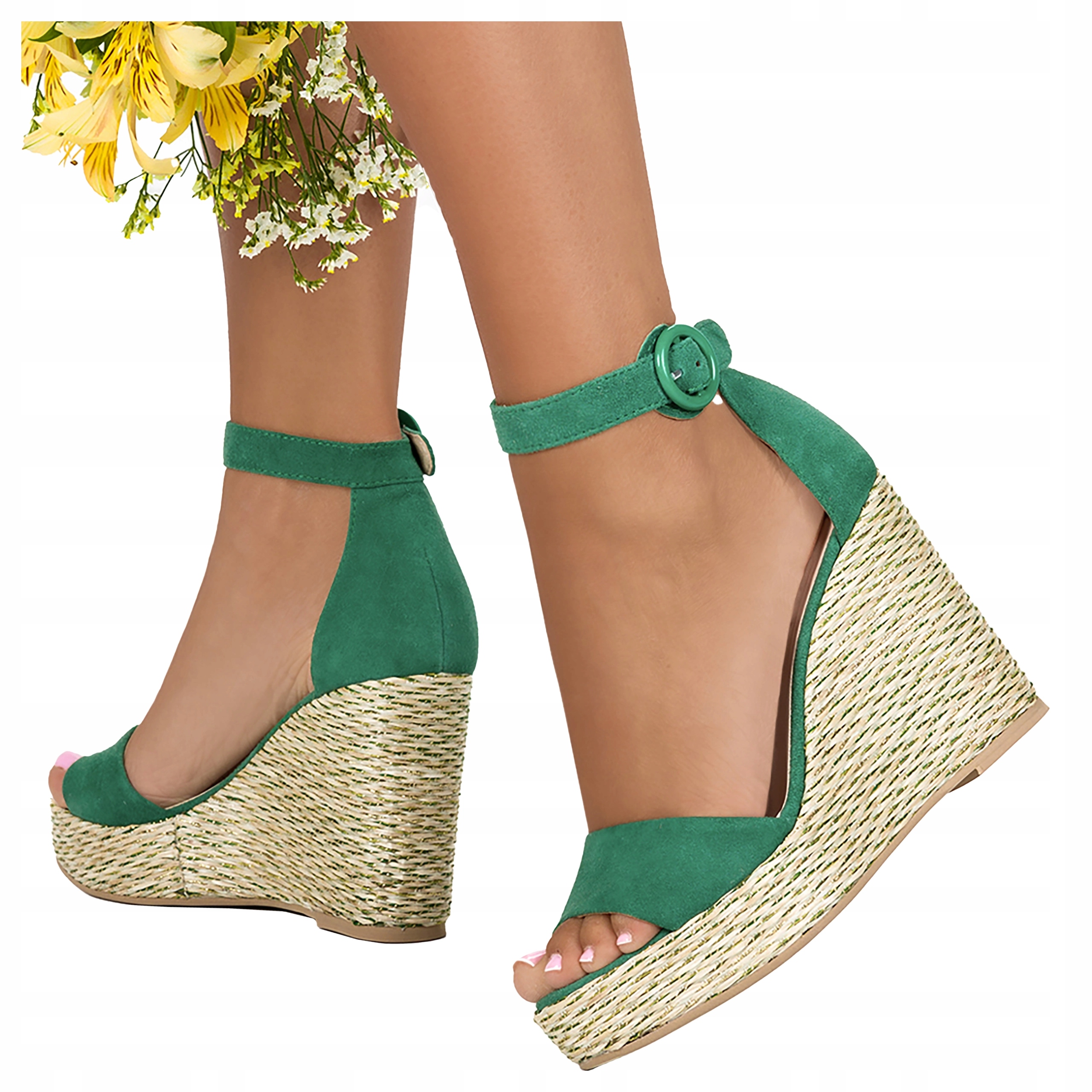Pohodlné dámské kožené sandály zelené, módní espadrilky na klínku, velikost 38