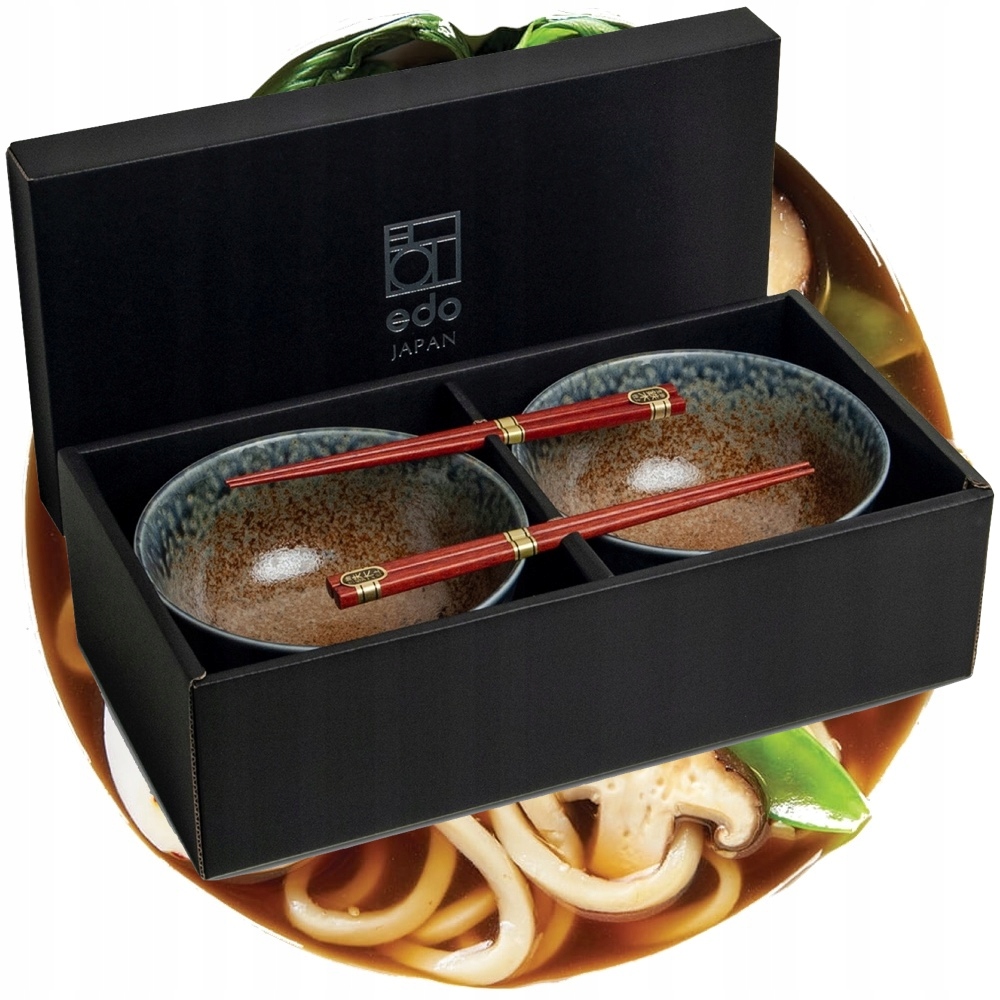 Sada keramiky hnědomodrých misek 17 cm na polévku Udon s paličkami Ki