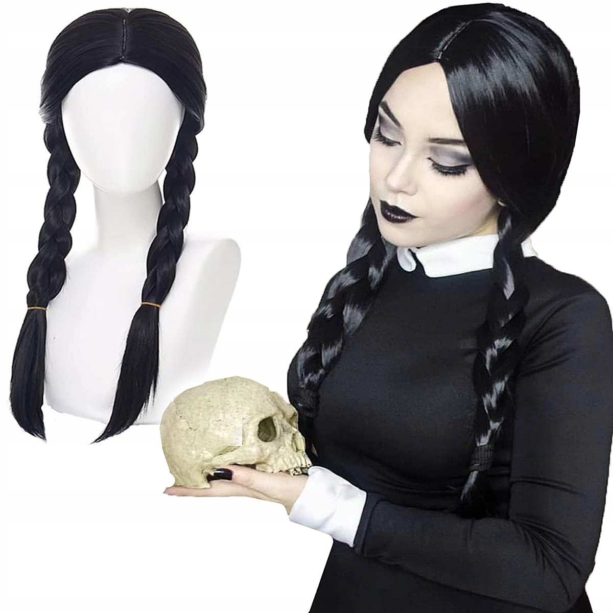 Peruka czarna Wednesday Addams Adams z Serialu Dwa Warkocze Wensday Kolor włosów czarny