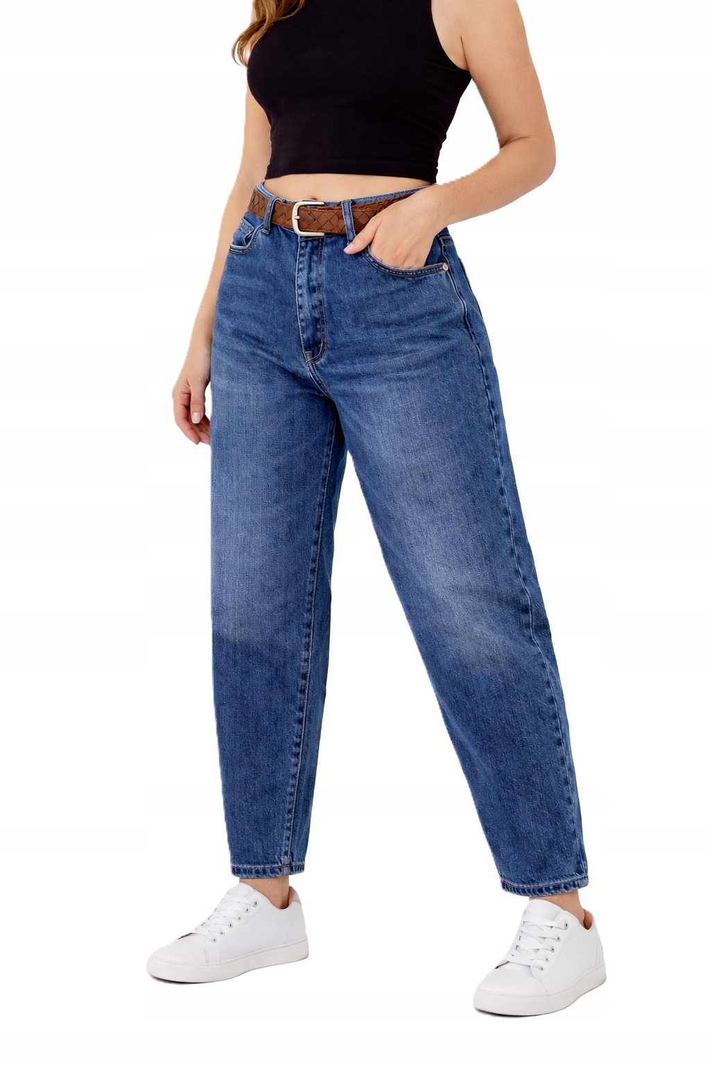 M.sara Damskie Spodnie Jeansy Balloon Mom Fit Wysoki Stan Pasek XL