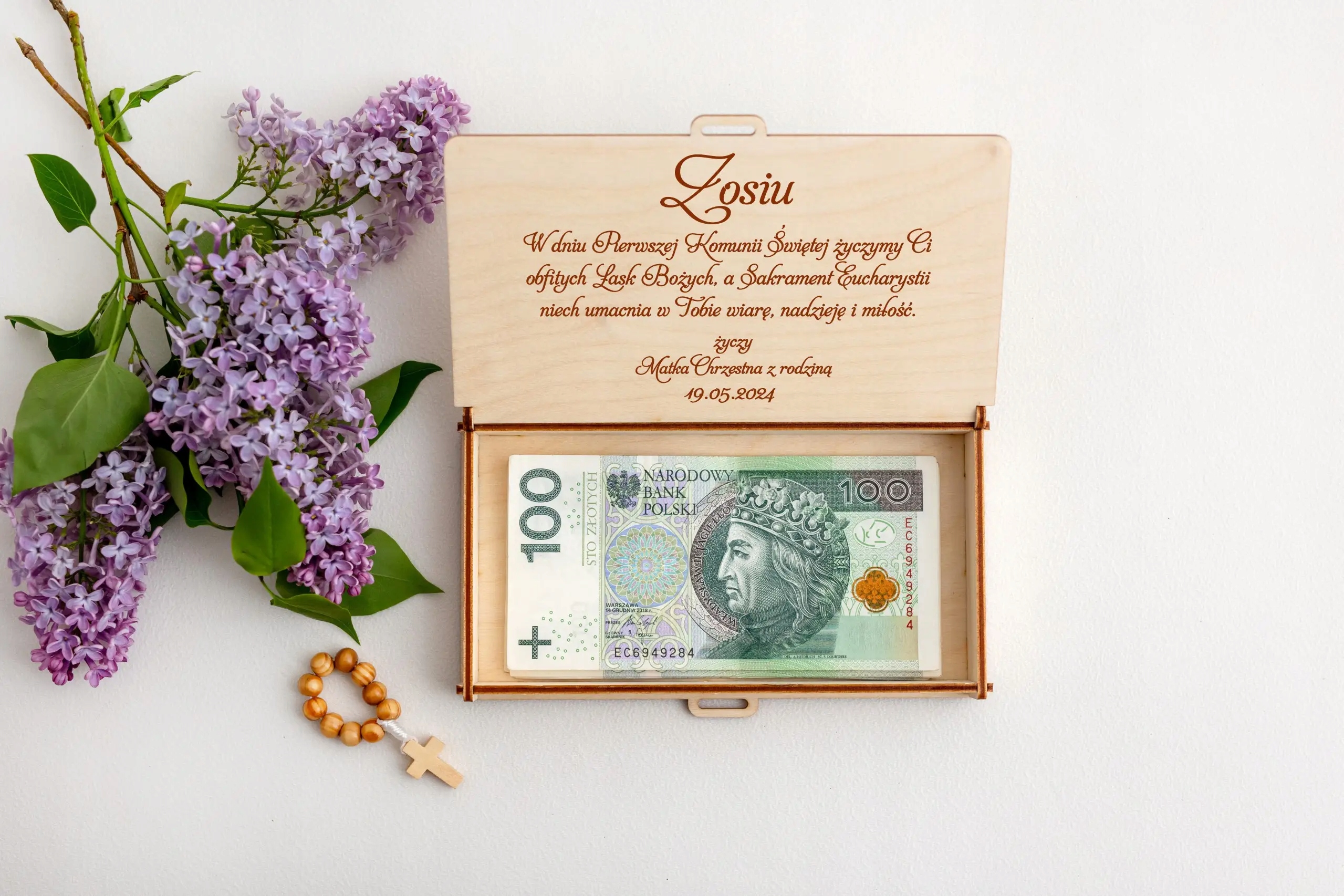 Pamiątka Pierwszej Komunii Świętej pudełko na pieniądze z życzeniami boho Odcień ecru