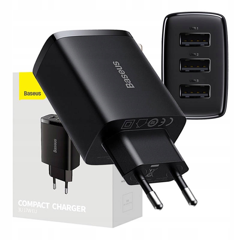Baseus Compact Quick Charger 3x USB17W Czarny