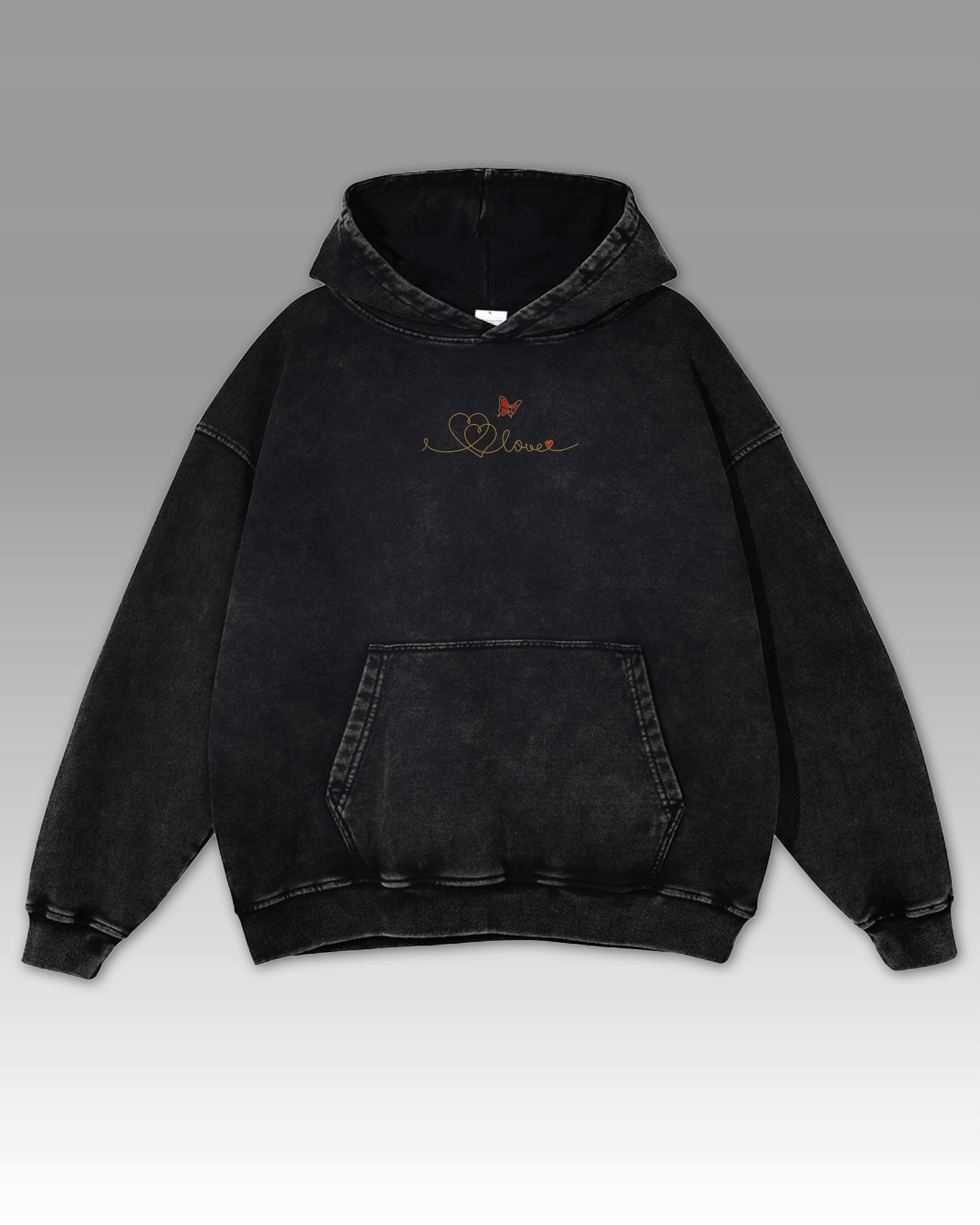 Mikina Výšivka Love s motýlem Oversize Efekt praní Motýl Láska Černá XL
