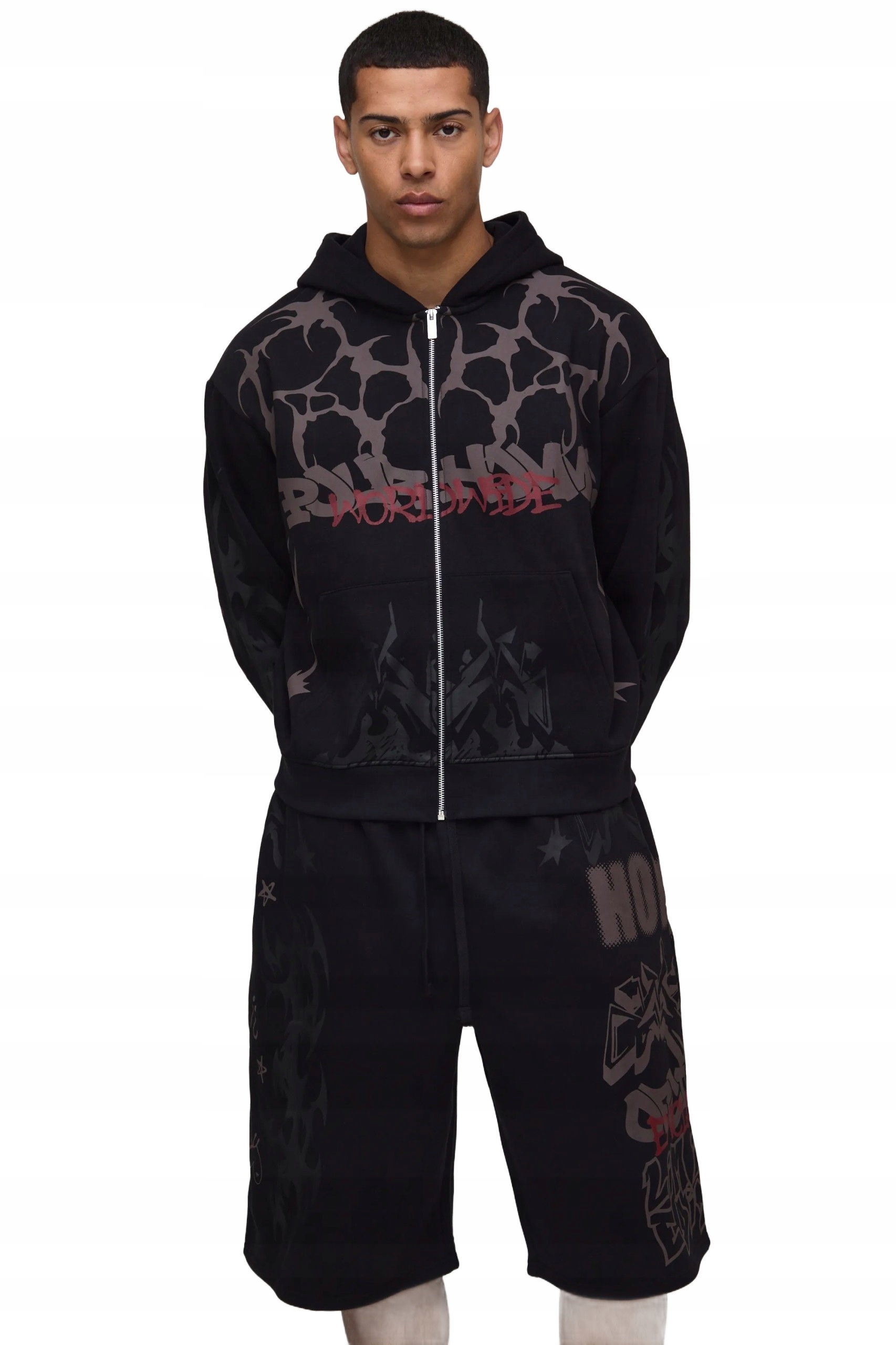 Boohooman Pánský Teplákovka Komplet S Kapucí Černý S Potiskem Krátký Xs Z3A