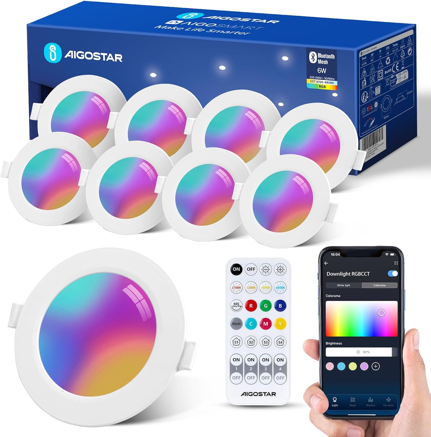 Stropní reflektor Smart Led Aigostar 6W Rgb 2700–6500K Bluetooth 8 Ks