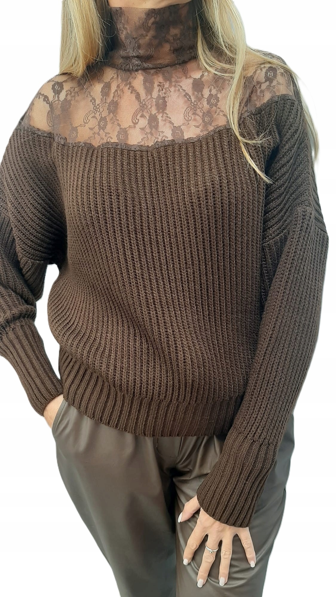 Cocomore Svetr s golfem Hybrid s krajkou Hnědý New