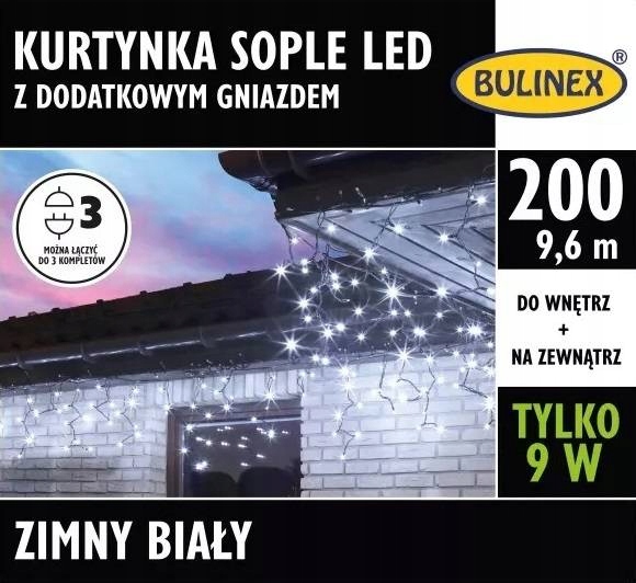 

Kurtyna 200LED 9,6m biały zimny zewnętrzne gniazdo